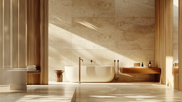 Idée déco salle de bain travertin et bois : élégance naturelle